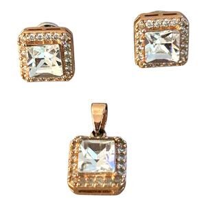 Rose Gold Tone Square Cut CZ Pendant and Earrings Matching Set Signed JCM